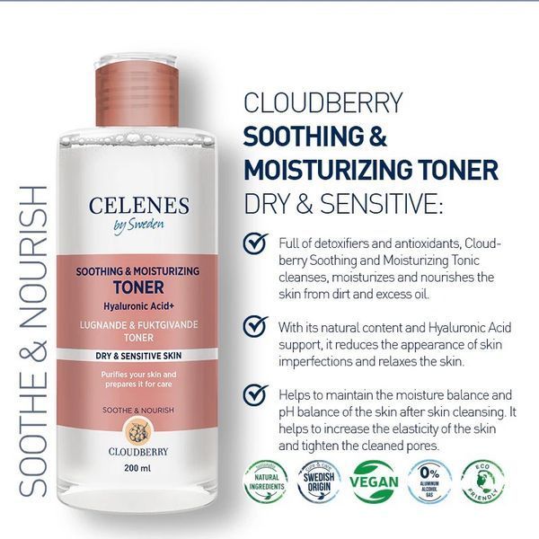 Заспокійливий тонік для обличчя Celenes by Sweden Cloudberry Soothing & Moisturizing Toner для сухої та чутливої шкіри 200 мл 5160189 фото