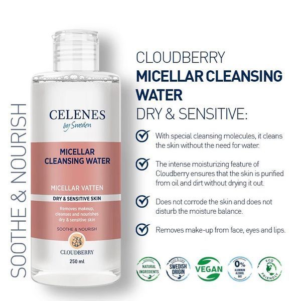 Міцелярна вода для обличчя Celenes by Sweden Cloudberry Micellar Cleansing Water для сухої та чутливої шкіри 250 мл 5160064 фото