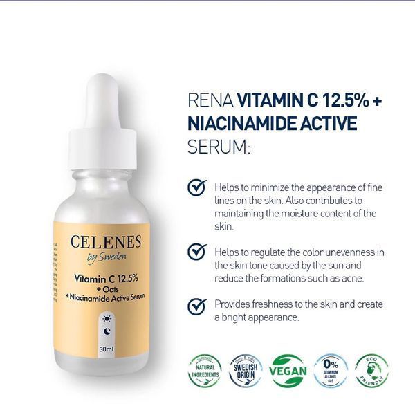 Освітлювальна сироватка для обличчя Celenes by Sweden Rena Vitamin C 12.5% + Oats + Niacinamide Active Serum з вітаміном С 30 мл 5180000 фото