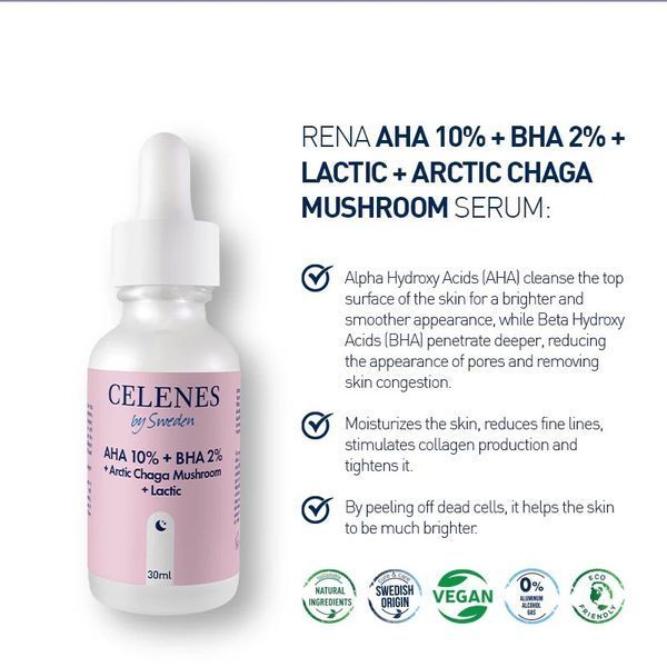 Пілінг-сироватка для обличчя Celenes by Sweden Rena AHA 10% + BHA 2% + Arctic Chaga Mushroom + Lactic кислотна 30 мл 5180200 фото